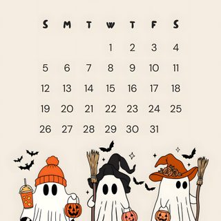 an october calendar with three cartoon characters holding pumpkins in their hands and the word october written on it October 2025 Calendar Halloween October 2025 Halloween, November Iphone 2025, Halloween Calendar, antique white