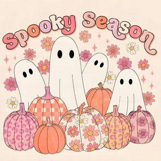 three ghost pumpkins with flowers and the words spooky yose on them Preppy Halloween For Laptop Cute Halloween Art, Pink Background With Ghost Illustration, Ghost Pattern On Pink Background, antique white