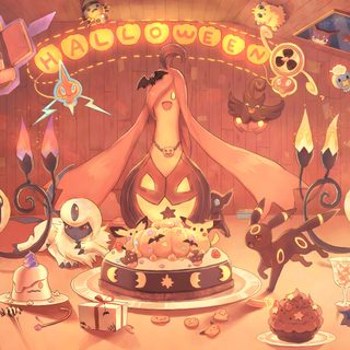 an image of a birthday cake surrounded by other items Pokemon Halloween Desktop Shiny Phantump Fanart, Pokemon Halloween Party, Pokemon Haunted House, indian red