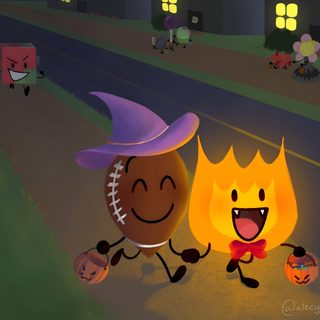 two cartoon characters are walking down the street with pumpkins and jack - o'- lanterns Bfdi Halloween Bfdi Halloween, Bfdi Halloween Pfp, Fireball C2bc Fanart, dark slate gray