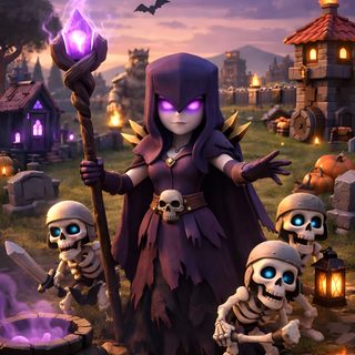 a group of skeleton skeletons standing next to each other in front of a halloween scene Clash Royale Halloween Clash Royale, Clash Of Clans, Witch, dark slate gray
