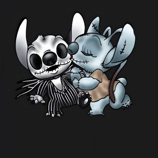 two cartoon characters are playing with each other on a black background and one is holding an object in his hand Aesthetic Halloween Stitch black