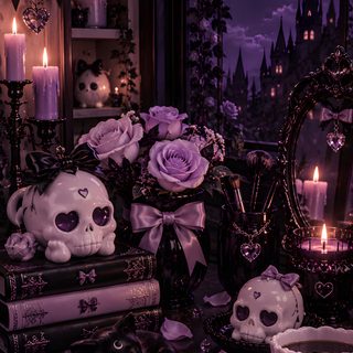 a table topped with books and skulls next to candles Aesthetic Gothic Halloween black