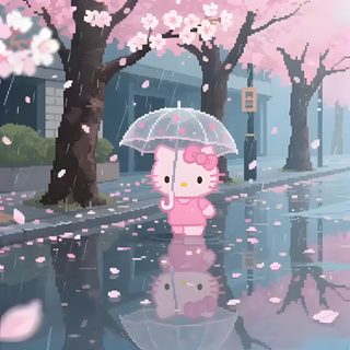 a hello kitty holding an umbrella in the rain with pink flowers on trees and buildings behind it Cute Hello Kitty Halloween Gif Hello Kitty Aesthetic Pictures, Hello Kitty Live, Pixel Gif, light slate gray