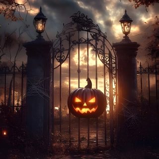 a gate that has a pumpkin on it with the moon in the sky behind it Halloween Town Gate Gothic Landscape, Halloween Spooky Stuff, Gothic Halloween Backgrounds, dark slate gray