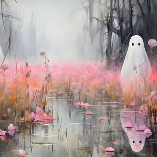 a painting of two white ghost standing in the middle of a swamp filled with pink flowers Pastel Halloween Desktop Spring Desktop, Laptop, Iphone Images, Goth Wall Art, Cover Pics For Facebook, gray