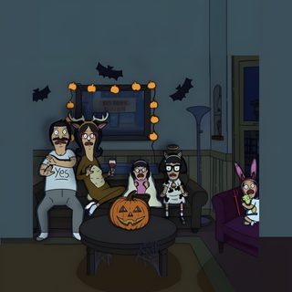 the family is dressed up for halloween in their living room with bats and pumpkins Bobs Burger Halloween Bobs Burgers Halloween, Bob's Burgers, Bobs Burgers Widgets, dark slate gray