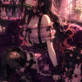 a woman sitting on top of a purple couch Anime Halloween Aesthetic dark slate gray