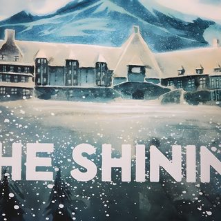 a painting with the words shining in front of a snow covered mountain and houses on it The Shining Laptop Halloween The Shining Book Cover, The Shining Concept Art, The Shining Overlook Hotel Poster, light slate gray