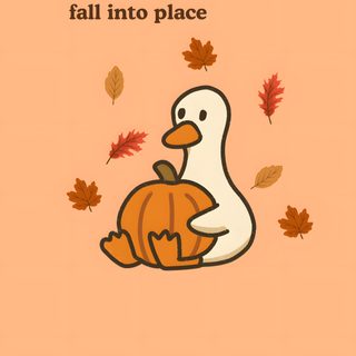 an image of a duck holding a pumpkin with leaves around it and the words, everything will fall into place Cute Halloween Duck light salmon