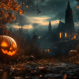 a halloween scene with pumpkins in the foreground and a castle in the background High Resolution High Resolution Halloween Desktop Halloween, Halloween Forest, Halloween Landscape, black