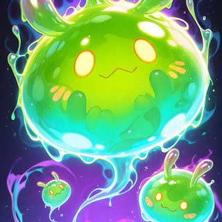 an illustration of a green alien with yellow eyes and glowing hair, floating in the air Halloween Slime Hd Fantasy Slime, Cute Slime Fantasy, Cute Anime Slime Design, slate gray