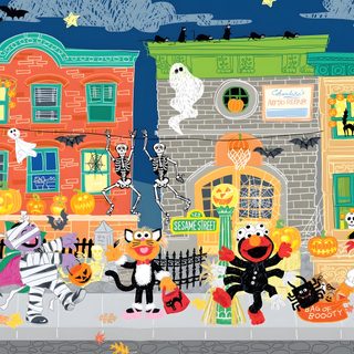 a group of cartoon characters standing in front of a building with halloween decorations on it Sesame Street Halloween Sesame Street Ghost, Sesame Street House Cartoon, Sesame Street Halloween Gif, rosy brown