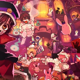 some anime characters are standing together in front of a pink background with many other people Tbhk Halloween Tbhk Pc, Tbhk Pc Hd, Tbhk Desktop, Tbhk Official Art Pc, Tbhk Characters Hanako, brown