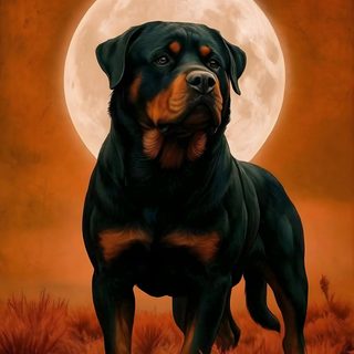 a painting of a black and brown dog standing in front of a full moon with an orange background Halloween Rottweiler African Boerboel, Rottweiler Dog Art, Loyal Dogs, Rottweiler Tattoo, saddle brown