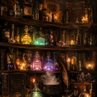 a shelf filled with books and candles next to an open book on top of a table Halloween Potion Potion Aesthetic, Magic Potions, Apothecary, Wizarding World, Enchanted, black