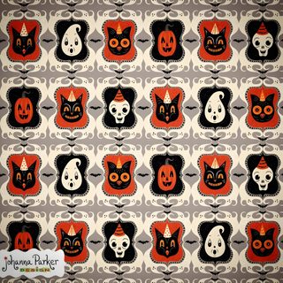 an image of halloween fabric with cats and pumpkins Johanna Parker Halloween Halloween Pattern Design Ideas, Retro Halloween Fabric Inspiration, Johanna Parker Halloween Designs, rosy brown