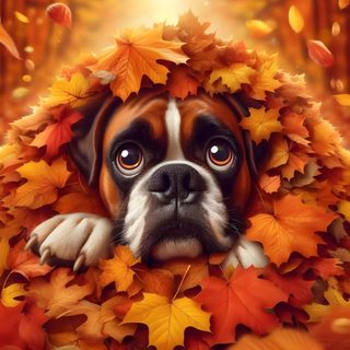 a dog is laying down with leaves around him Halloween Boxer Dog Thanksgiving Boxer Dog, Christmas Scenes, Boxer Dogs, Fall Season, sienna