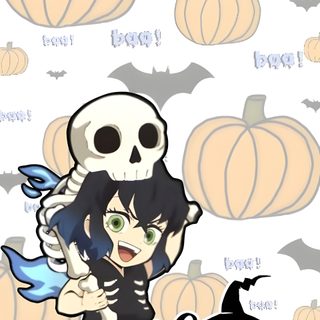 a girl with a skeleton on her back and the words happy halloween written below it Inosuke Halloween Demon Slayer Halloween Backgrounds, Inosuke Pumpkin, Halloween Demon Slayer, bisque