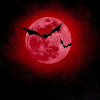 two bats flying in front of a full moon with blood red paint on it's surface Dark Red Halloween black