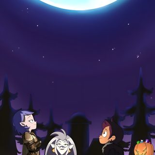 an animated scene with three people dressed as witches in front of a full moon and trees The Owl House Halloween The Owl House Live, Owl House Background Characters, The Owl House Iphone, midnight blue