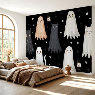 a bedroom decorated in black and white with ghost wallpaper Halloween Ghost For Bedroom Contact Paper Wall, Seamless, Paper Wall Decor, Cat Dark, rosy brown
