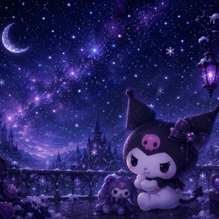 a purple and black cat sitting on top of a bench under a night sky filled with stars Desktop Kuromi Halloween Desktop Horizontal Purple, Kuromi Pc, Pink Kirby, Kuromi, Tablet, midnight blue