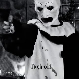 a person in a clown mask pointing at something Halloween Terrifier dim gray