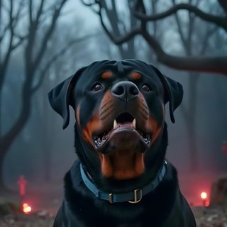 a black and brown dog standing in front of a cemetery with candles on the ground Halloween Rottweiler Rottweiler, dark slate gray