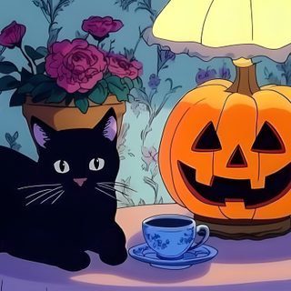 a black cat sitting on top of a table next to a pumpkin Generic Halloween Cat Desktop Halloween Laptop, Halloween Backgrounds Desktop, Mac Backgrounds, dim gray