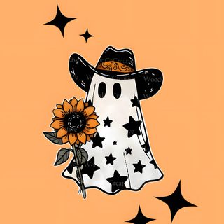 a drawing of a scarecrow with a sunflower in it's hand and stars on an orange background Cowboy Ghost Halloween October Halloween, Homescreen, Pretty, Ghost, Halloween, sandy brown