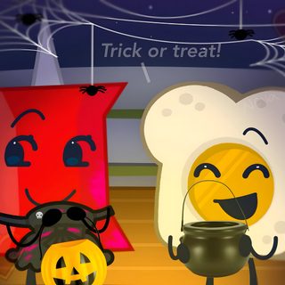 two cartoon characters standing next to each other in front of a sign that says trick or treat Bfdi Halloween Zombies Bfdi, Bfdi 4 Costume, Bfdi Halloween Costume, Bfdi Halloween, saddle brown