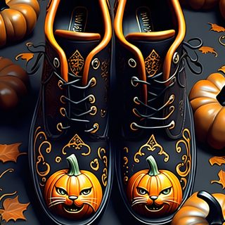 a pair of shoes sitting on top of a table covered in pumpkins Halloween Retro Shoes With Pumpkins Beautiful Halloween, Halloween Pumpkins, Halloween Sneaker Art, dark slate gray