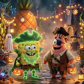 spongebob and patrick halloween scene with pumpkins Spongebob Halloween 4k dark olive green