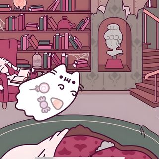a living room filled with lots of furniture and bookshelves next to a cat Desktop Pusheen Halloween Internet Cats, My Little Pony Dolls, Pusheen Cute, Pusheen Cat, Cute Bat, gray