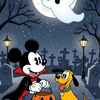 mickey mouse and pluto the dog in front of a cemetery with a full moon behind them Mickey And Friends Halloween Backgrounds Mickey Craft, Disney Halloween, Mickey Halloween Party, dark slate gray