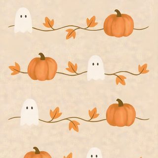 halloween wallpaper with ghost and pumpkins on the branches in orange, white and brown Simplistic Halloween wheat