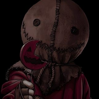 a creepy looking teddy bear holding a lollipop in its mouth and wearing a red coat Halloween Sam Sam Halloween Character, Sam Trick R Treat Pfp, Sam Slasher, Sam Trick R Treat, black