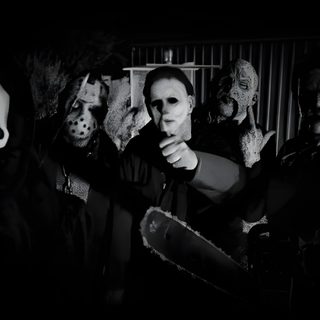 group of people wearing scary masks in the dark Halloween Killer Hd black