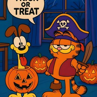 a cartoon dog dressed up as a pirate with jack - o'- lantern pumpkins Halloween Garfield Garfield Pumpkin Painting, Garfield Halloween, Spongebob Halloween, dark slate gray