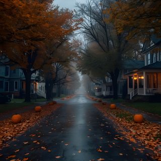 an empty street with pumpkins on the ground and houses in the background at night Halloween Road dark slate gray