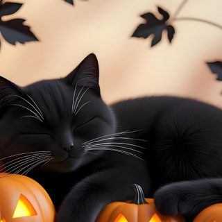 a black cat sleeping next to pumpkins with carved jack - o'- lanterns Halloween Cat 4k sienna
