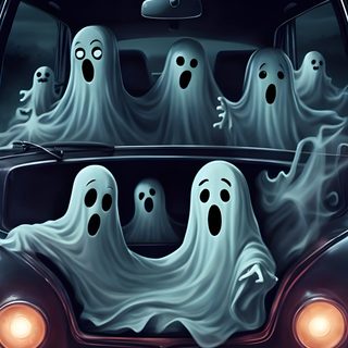 an old car with ghost heads on it Cute Halloween For Car Seat Eevee, Halloween Backgrounds, Halloween Eve, Halloween Facts, dark slate gray
