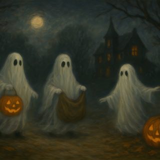 three ghost walking in the dark with pumpkins Samsung Tv Halloween Halloween Ghost Computer, Halloween Laptop Ghost, Halloween Computer Desktop, dark slate gray