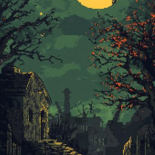 a painting of a night scene with the moon in the sky and trees on the ground Halloween Pixel Art Spooky Iphone, Fall Themed, Pixel Fall Background, Pixel Fall, dark slate gray
