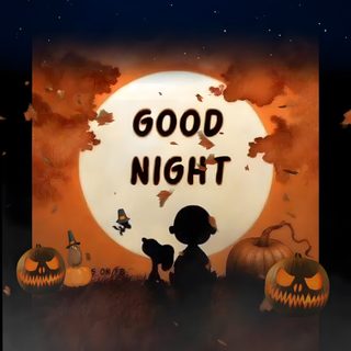 a child sitting in front of pumpkins with the words good night written on them Snoopy Halloween Gif Happy Halloween Peanuts Gang, Goodnight Fall Images Gif, Good Night Halloween Gif, dark slate gray