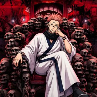 a man sitting on top of a pile of skulls in front of a red wall Sukuna Halloween New Photo Style, Best Anime Drawings, Anime Picture Hd, Anime Dragon Ball Goku, black