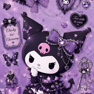 an image of a purple background with hearts and other items on it, including a teddy bear Halloween Kuromi Aesthetic Kuromi Backround, Kuromi Powerpuff Girl, Purple Kuromi, slate gray