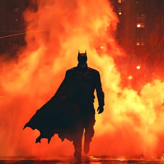 a man dressed as batman walking through a fire filled street with buildings in the background Batman Halloween Iphone firebrick