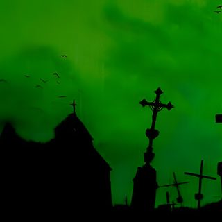 silhouettes of buildings and crosses against a green sky Green Halloween Desktop Green Sky Halloween Scene, Halloween Decoration Ideas, Silhouette Of Cemetery Under Green Sky,